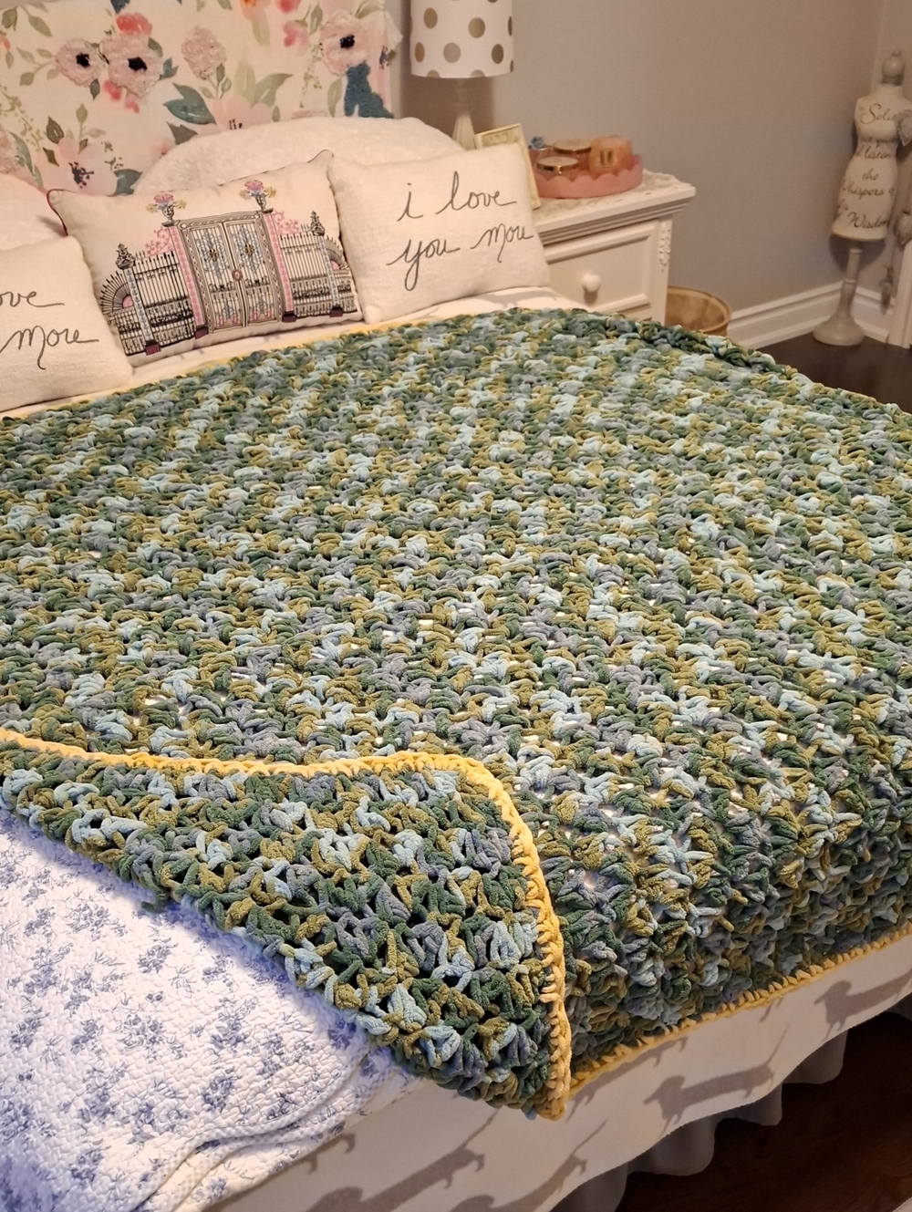 Handmade Chunky Crochet Bed Throw in Green and Blue with Yellow Trim